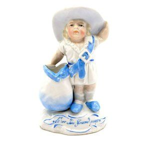 Vintage Matchstick Holder Novelty Little Boy Blue & White Figurine Gram & Papa